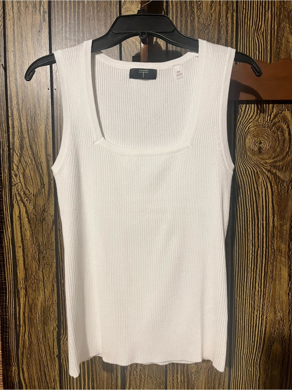 Tahari White Ribbed Square-Neck Tank